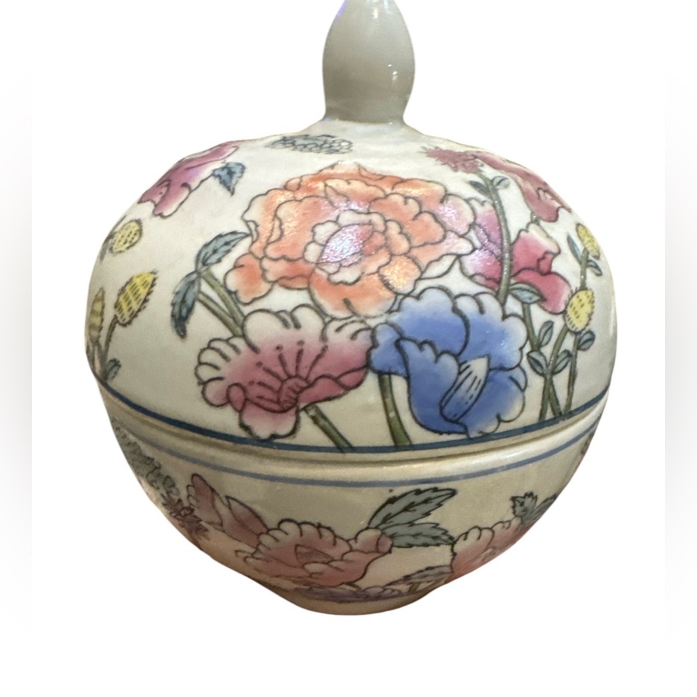 Vintage Hand Painted Floral Trinket Box / Candy Dish Lidded Jar 5.25" T